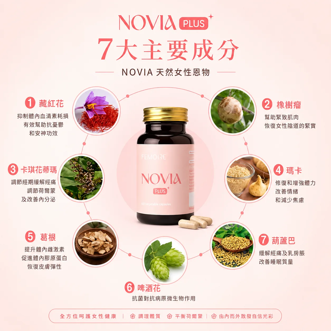 NOVIA PLUS 7大主要成分 藏紅花 卡其法蒂瑪 葛根 瑪卡 葫蘆巴 啤酒花
