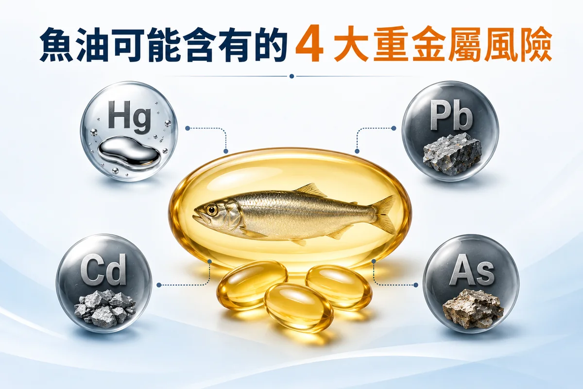 魚油可能含有的四大重金屬：汞Hg、鉛Pb、鎘Cd、砷As 示意圖