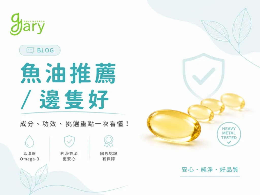 魚油推薦挑選指南示意圖：高濃度Omega-3魚油軟膠囊與綠葉