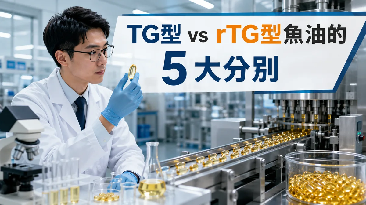 研究人員在實驗室檢視魚油軟膠囊與生產線，標題為TG型vs rTG型魚油的5大分別