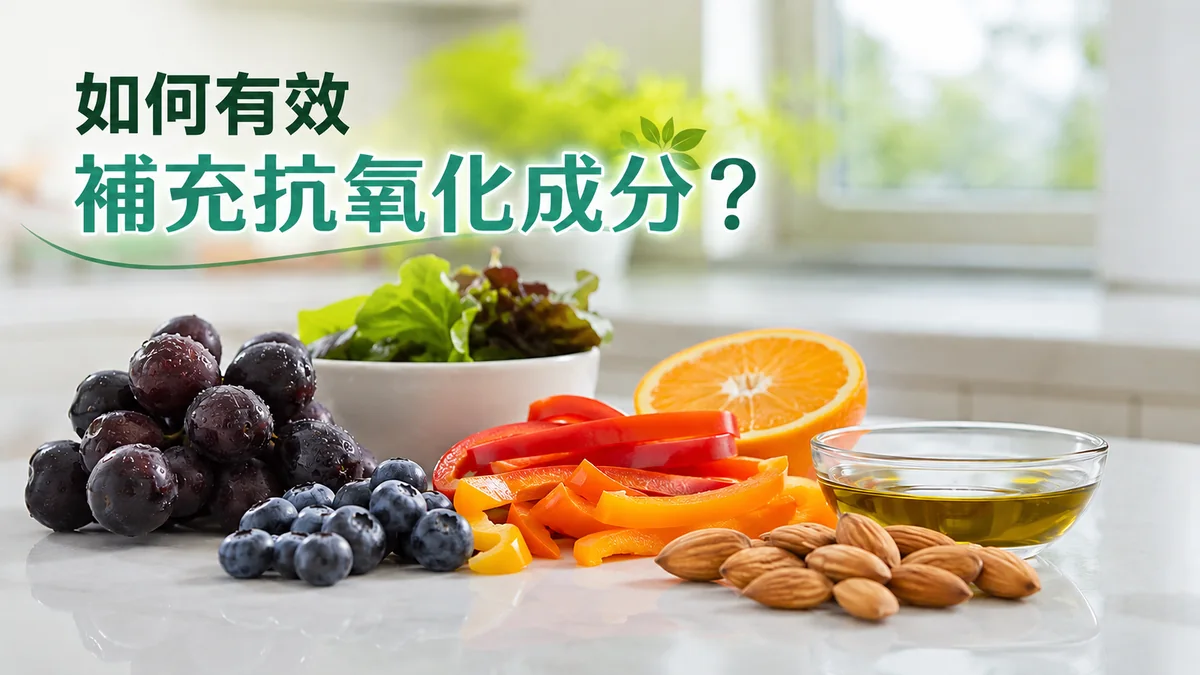 各色抗氧化蔬果與堅果、橄欖油：葡萄、藍莓、彩椒、柳橙、杏仁示意如何有效補充抗氧化成分