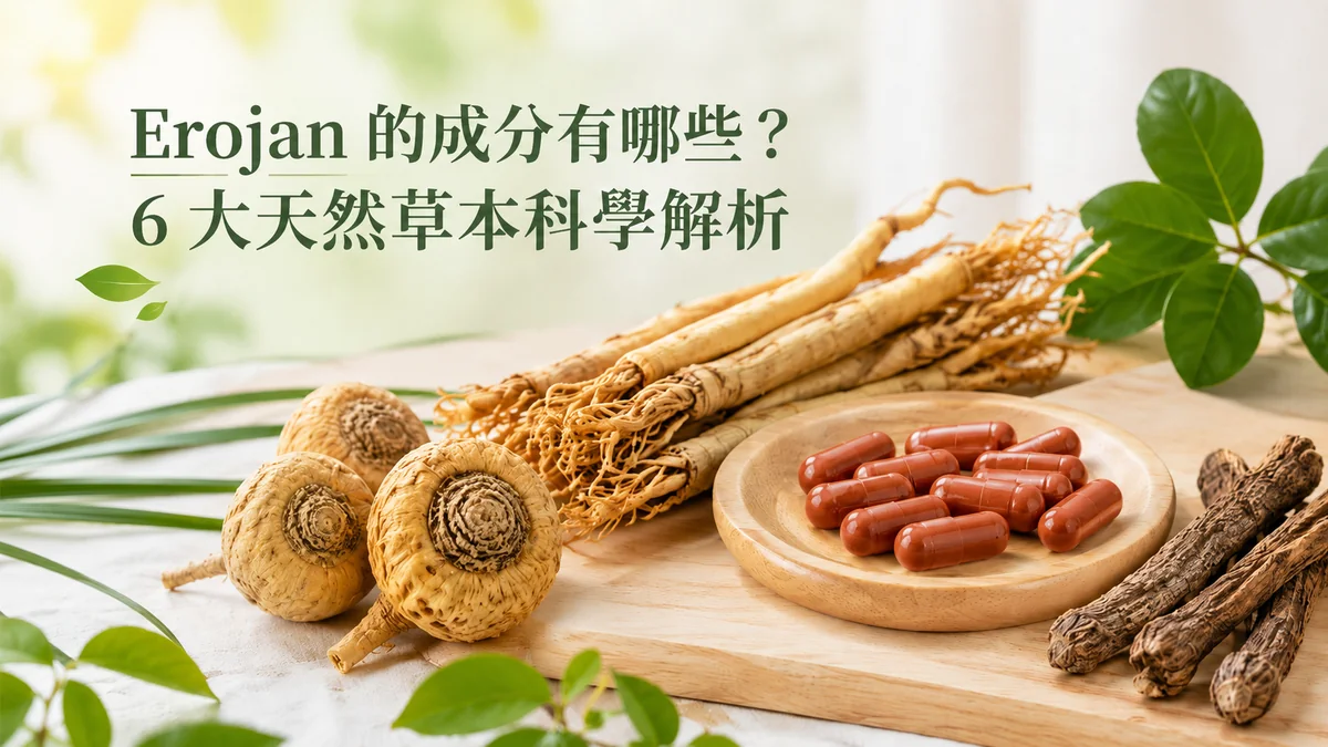 Erojan 6 大天然草本成分示意圖:東革阿里、瑪卡等植物根部與植物膠囊