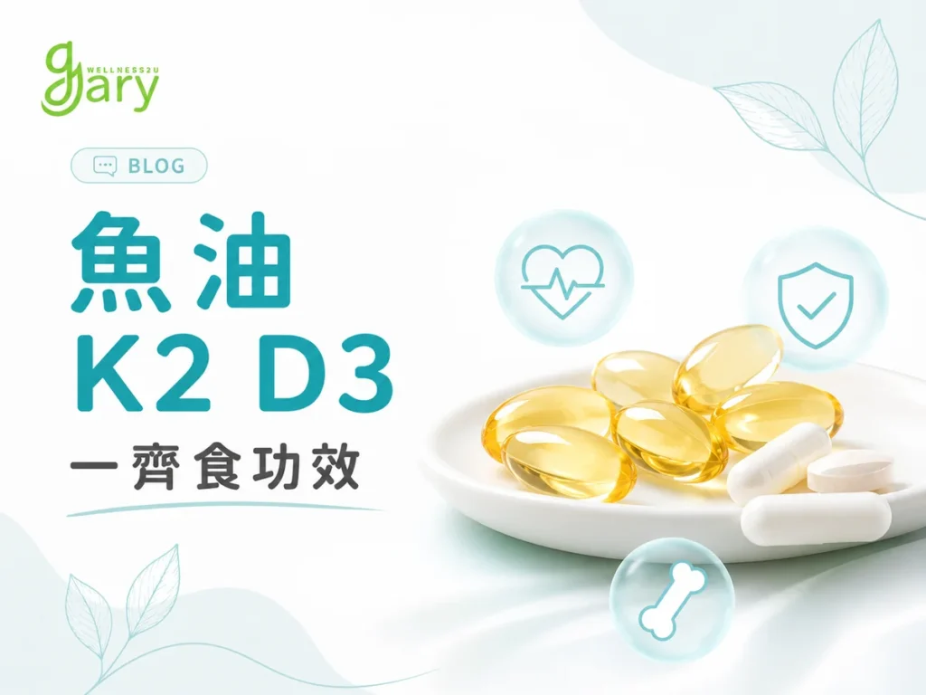 魚油、維他命K2與D3一齊食示意圖：金黃色魚油軟膠囊與白色維他命膠囊放在白色碟上