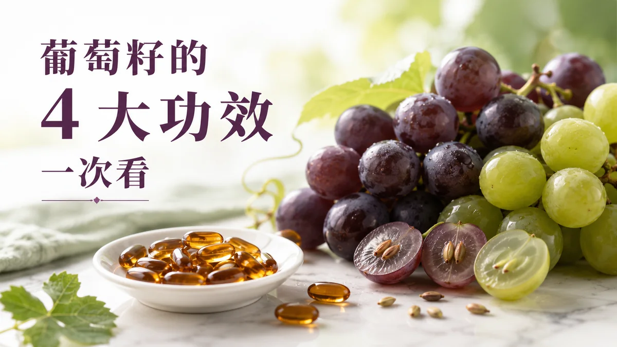 葡萄籽的四大功效示意圖：新鮮葡萄、切開露出種籽的葡萄與葡萄籽油膠囊
