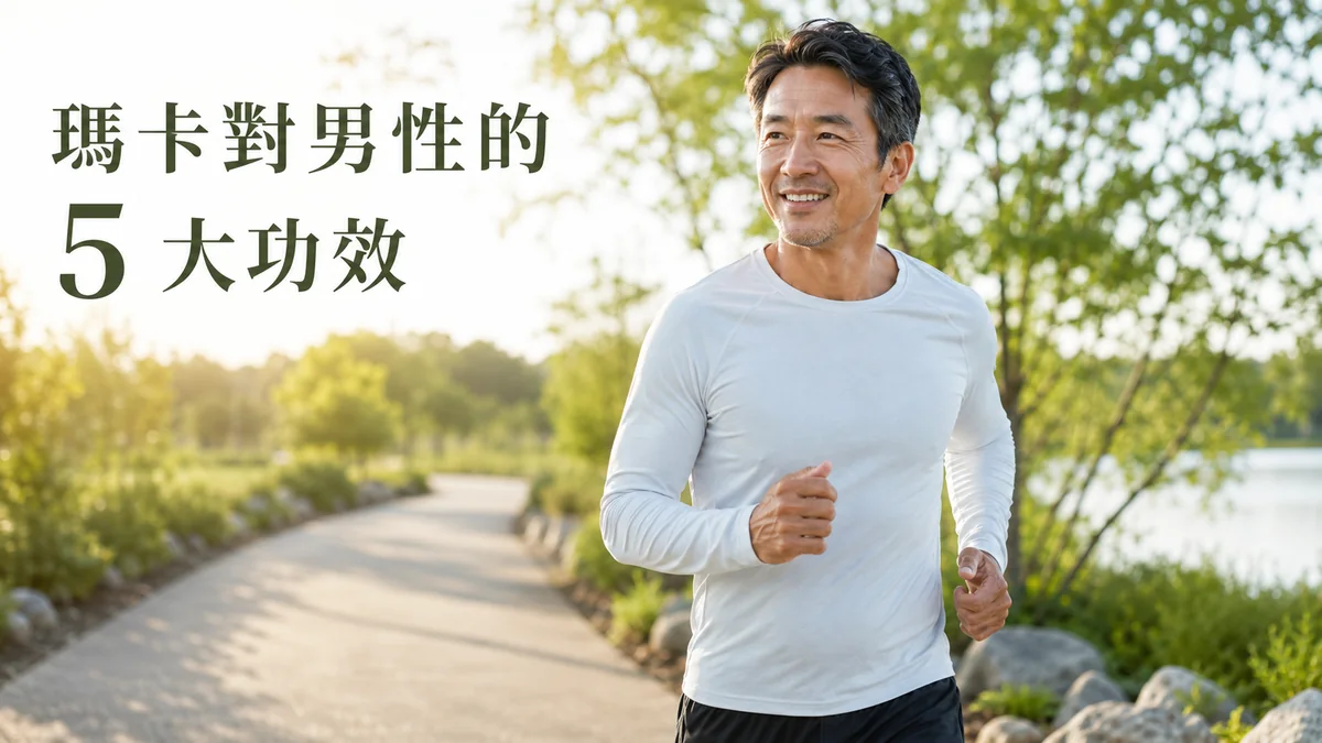 瑪卡對男性的 5 大功效示意圖:中年男性在清晨公園慢跑、神情有活力