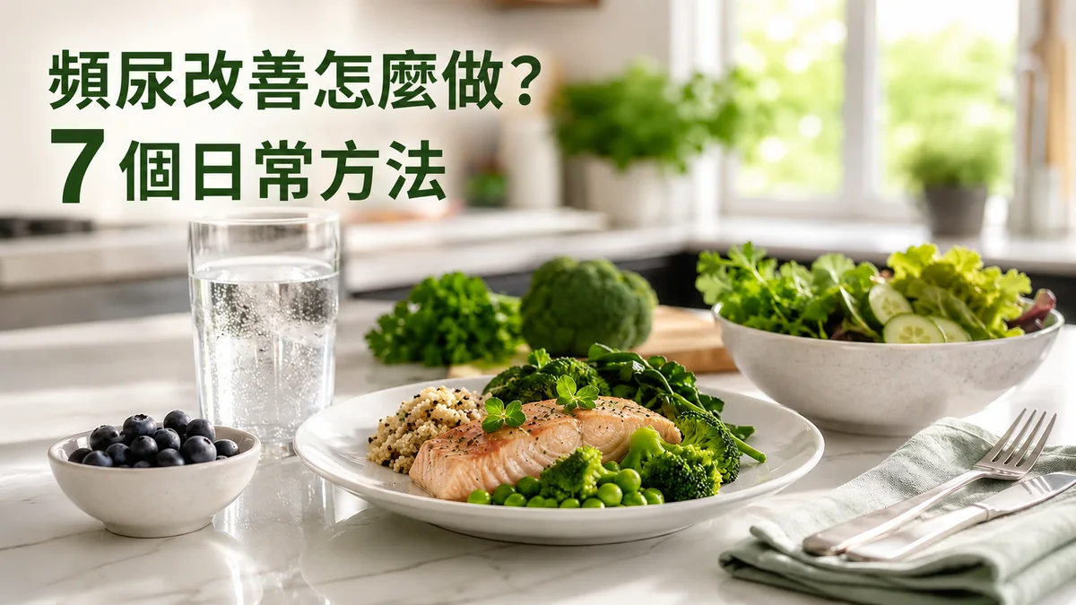 頻尿改善示意圖：明亮廚房檯面上的清水、深綠蔬菜與清淡低鹽餐點