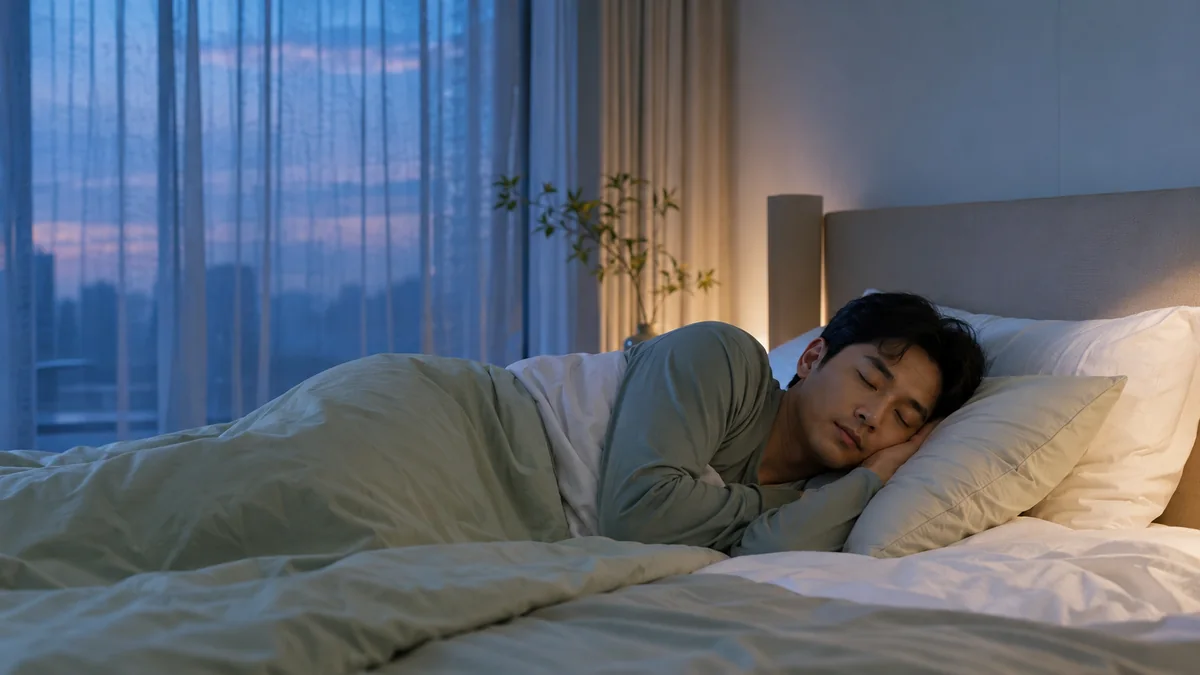 夜尿頻繁示意圖：中年男性在昏暗臥室中安穩入睡，窗外透入微光