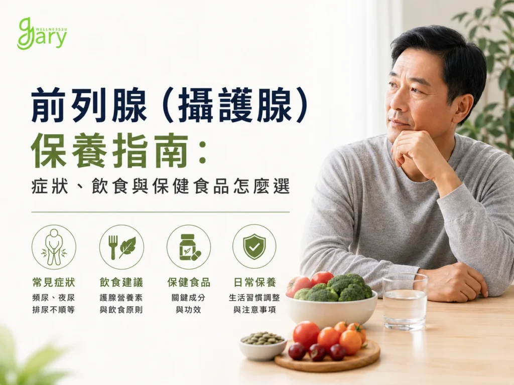 前列腺(攝護腺)保養指南示意圖:中年男性與番茄、南瓜籽等護腺飲食