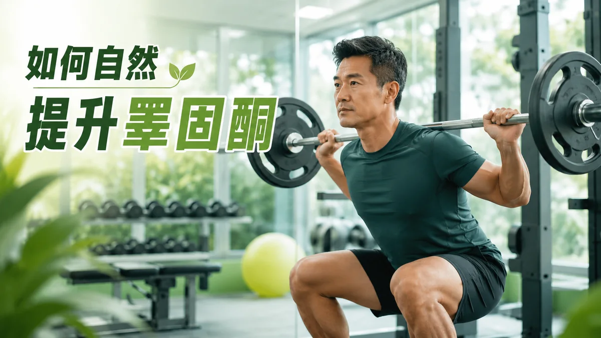 如何自然提升睪固酮示意圖：一名中年男性在明亮健身房做槓鈴深蹲，重量訓練有助維持睪固酮