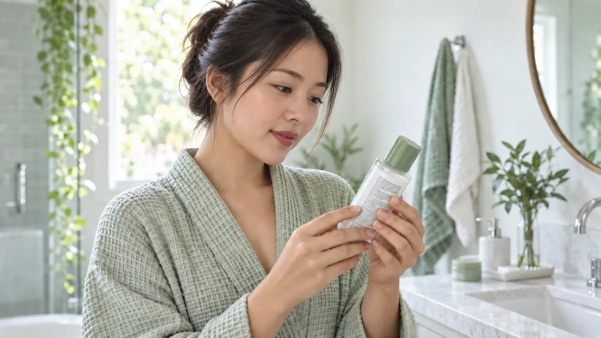 女性在明亮浴室中拿著护肤品瓶子,细看背面成分表