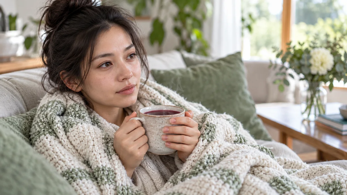 感冒休養中的女性裹著綠白色毛毯坐在沙發上，雙手捧著一杯深紫色的接骨木莓熱飲