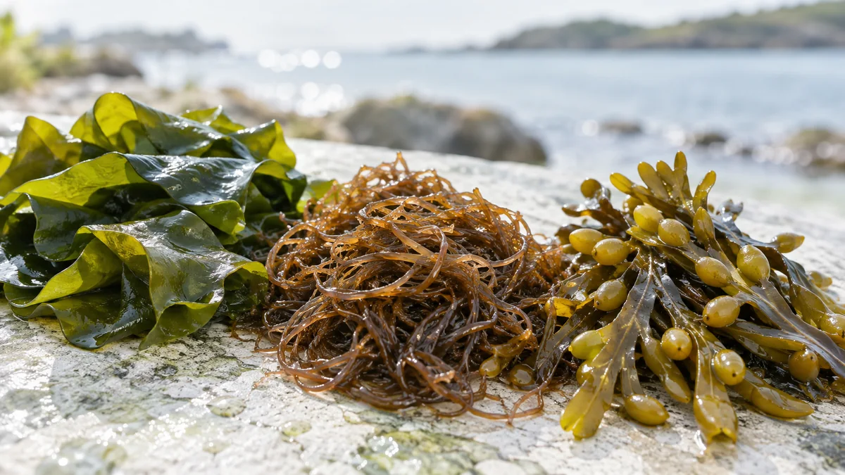 海邊岩石上並排的三種新鮮褐藻：寬葉的裙帶菜、細絲狀的海蘊與帶氣囊的墨角藻