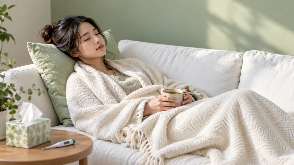 感冒休養中的女生裹著毯子坐在沙發上捧著熱茶，旁邊放著紙巾和體溫計，感冒等感染是突然出風癩最常見的誘因