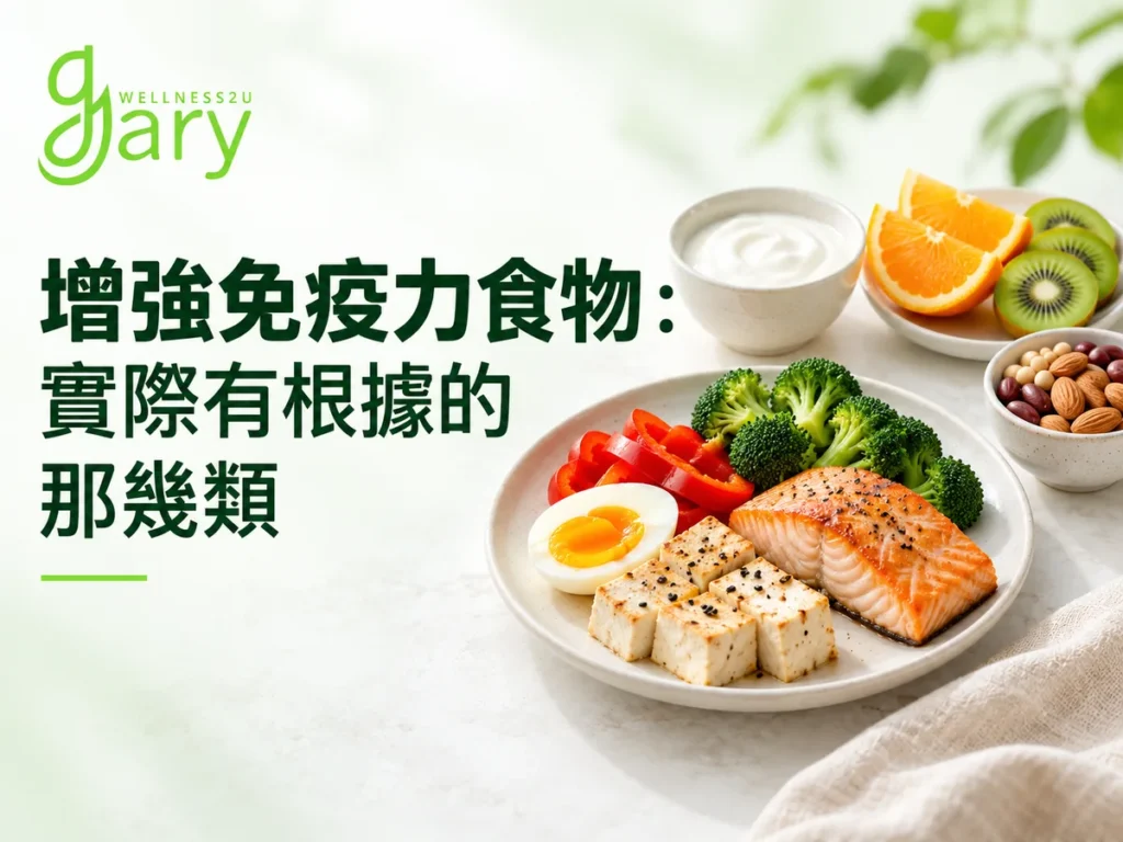增強免疫力食物示意圖：鮭魚、水煮蛋、豆腐、花椰菜、紅甜椒，搭配優格、柳橙、奇異果與堅果