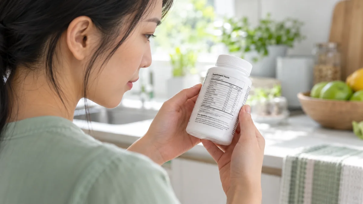 女性在明亮的廚房裡仔細閱讀保健品瓶身背面的成分標示