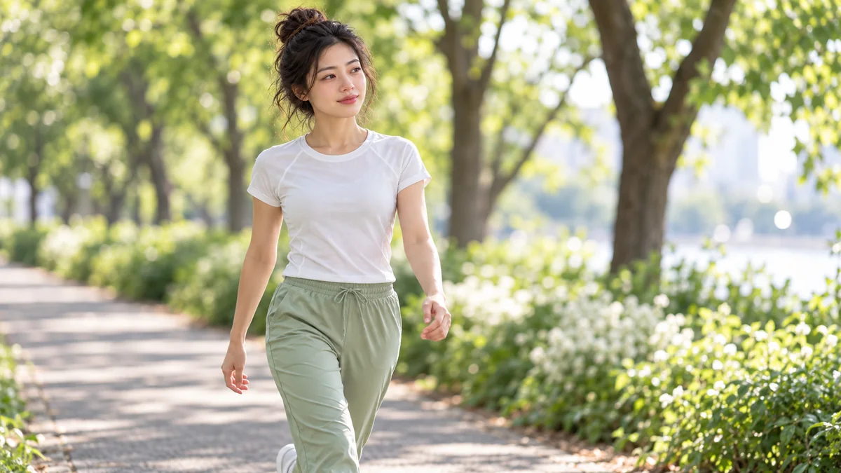 改善抵抗力的日常方法：一位女性在绿树林荫的公园步道上快走运动
