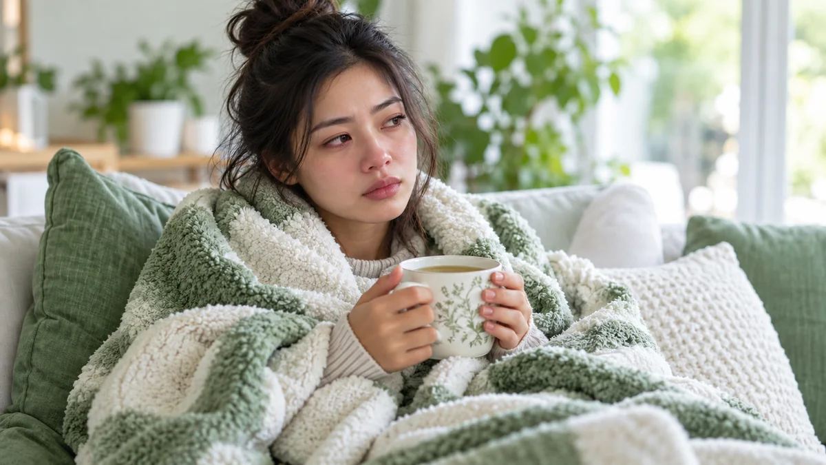 抵抗力差的信号：一位女性裹着绿白毛毯坐在沙发上，双手捧着热茶，神情疲倦不适