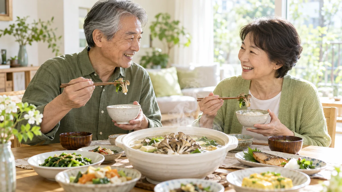 一對長者在陽光明亮的餐桌旁笑著用筷子吃飯，桌子中央是一鍋放了整朵舞茸的熱湯，周圍有青菜、烤魚和豆腐等家常菜
